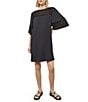 Color:Black - Image 1 - Mixed Media Boat Neck Elbow Bell Sleeve Shift Dress