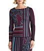 Ming Wang Coordinating Multi-Pattern Jacquard Soft Knit Boat Neck Long Sleeve Top, Color:Midnight Violet Multi - Image 1