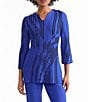 Ming Wang Petite Dual-Tone Soft Knit Split V-Neck 3/4 Sleeve Tunic, Color:Sapphire Sea/Black - Image 1