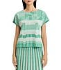 Ming Wang Petite Geometric Jacqaurd Soft Knit Boat Neck Short Sleeve Top - Image 1