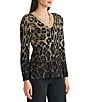 Ming Wang Petite Lurex Leopard Print Jacquard V-Neck Long Sleeve Tunic, Color:Black/Gold - Image 3