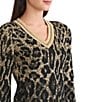 Ming Wang Petite Lurex Leopard Print Jacquard V-Neck Long Sleeve Tunic, Color:Black/Gold - Image 4