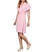 Color:Perfect Pink - Image 3 - Pleated Knit V-Neck Short Dolman Sleeve A-Line Dress