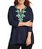 Ming Wang Plus Classic Soutache Soft Knit Split V-Neck 3/4 Sleeve Tunic - Image 1
