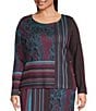 Ming Wang Plus Size Coordinating Multi-Pattern Jacquard Floral Stripe Soft Knit Boat Neck Long Sleeve Top, Color:Midnight Violet Multi - Image 1