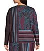 Ming Wang Plus Size Coordinating Multi-Pattern Jacquard Floral Stripe Soft Knit Boat Neck Long Sleeve Top, Color:Midnight Violet Multi - Image 2