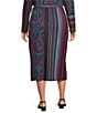 Ming Wang Plus Size Coordinating Multi-Pattern Jacquard Floral Stripe Soft Knit Straight Midi Skirt, Color:Midnight Violet Multi - Image 2