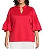 Color:Flamenco - Image 1 - Plus Size Cotton Blend Stand Split V-Neck 3/4 Pleated Bell Sleeve Blouse