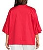 Color:Flamenco - Image 2 - Plus Size Cotton Blend Stand Split V-Neck 3/4 Pleated Bell Sleeve Blouse