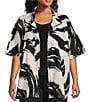 Color:White/Black - Image 1 - Plus Size Cotton Blend Woven Abstract Print Mock Neck Open Front Short Dolman Sleeve Poncho Jacket