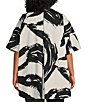 Color:White/Black - Image 2 - Plus Size Cotton Blend Woven Abstract Print Mock Neck Open Front Short Dolman Sleeve Poncho Jacket