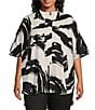 Color:White/Black - Image 4 - Plus Size Cotton Blend Woven Abstract Print Mock Neck Open Front Short Dolman Sleeve Poncho Jacket