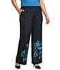Ming Wang Plus Size Jacquard Knit Floral Placement Print No Roll Elastic Waist Pull-On Coordinating Pants - Image 1