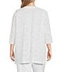 Color:White - Image 2 - Plus Size Longline Burnout Abstract Knit Round Neck 3/4 Sleeve Side Slits Jacket