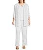 Color:White - Image 3 - Plus Size Longline Burnout Abstract Knit Round Neck 3/4 Sleeve Side Slits Jacket