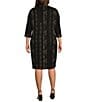 Color:Black/Gold - Image 2 - Plus Size Lurex Soft Knit Metallic Shimmering Turtleneck 3/4 Sleeve Sheath Dress