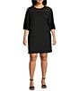 Color:Black - Image 1 - Plus Size Mixed Media Boat Neck 3/4 Bell Sleeve Shift Dress