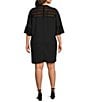 Color:Black - Image 2 - Plus Size Mixed Media Boat Neck 3/4 Bell Sleeve Shift Dress