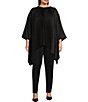 Color:Black/Silver - Image 3 - Plus Size Shimmering Pleated Crew Neck 3/4 Sleeve Poncho Top