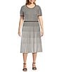 Color:White/Black - Image 1 - Plus Size Soft Knit Grid Striped Print Short Sleeve Contrasting Trim A-Line Midi Dress