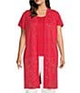 Color:Flamenco - Image 1 - Plus Size Soft Knit Sheer Floral Jacquard Short Ruffle Sleeve Open Front Longline Cardigan Jacket