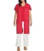 Color:Flamenco - Image 3 - Plus Size Soft Knit Sheer Floral Jacquard Short Ruffle Sleeve Open Front Longline Cardigan Jacket
