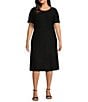 Color:Black - Image 1 - Plus Size Soft Knit Textured Stripe Short Sleeve Contrasting Trim A-Line Midi Dress