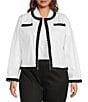 Color:White/Black - Image 1 - Plus Size Stretch Tencel Blend Contrast Braid Trim Detail Bracelet Sleeve Open-Front Jacket