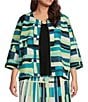 Color:Bermuda/Limonata/White/Black - Image 1 - Plus Size Woven Abstract Print Round Neck 3/4 Sleeve Zip Front Coordinating Jacket