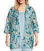 Color:Dew Blue/Multi - Image 1 - Plus Size Woven Floral Sheer 3/4 Sleeve Open-Front Jacket