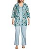 Color:Dew Blue/Multi - Image 3 - Plus Size Woven Floral Sheer 3/4 Sleeve Open-Front Jacket