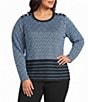 Ming Wang Plus Size Wrinkle-Resistant Ribbed Knit Diamond Striped Crew Neck Long Sleeve Top - Image 1