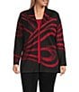 Ming Wang Plus Swirl Print Two-Tone Jacqaurd Wave Knit Shawl Collar Long Sleeve Jacket, Color:Holiday/Black - Image 1