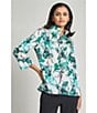 Ming Wang Printed Charmeuse Stand Collar Bracelet Sleeve Tunic, Color:Emerald Multi - Image 3