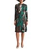 Ming Wang Soft Floral Jacquard Crew Neck Long Sleeve A-Line Midi Dress, Color:Everest Multi - Image 1