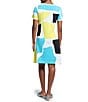 Ming Wang Soft Knit Abstract Color Block Round Neck Short Sleeve Dress, Color:Lemon/Multi - Image 2