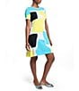 Ming Wang Soft Knit Abstract Color Block Round Neck Short Sleeve Dress, Color:Lemon/Multi - Image 3
