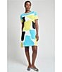 Ming Wang Soft Knit Abstract Color Block Round Neck Short Sleeve Dress, Color:Lemon/Multi - Image 5