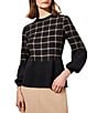 Color:Black/Dark Champagne - Image 1 - Soft Knit Checkered Print Crew Neck 3/4 Sleeve Contrasting Trim Tunic