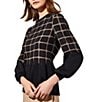 Color:Black/Dark Champagne - Image 3 - Soft Knit Checkered Print Crew Neck 3/4 Sleeve Contrasting Trim Tunic