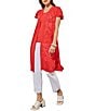 Color:Flamenco - Image 3 - Soft Knit Floral Jacquard Short Ruffle Sleeve Open Front Longline Cardigan Jacket