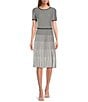 Color:Indigo/White - Image 1 - Soft Knit Grid Striped Print Short Sleeve Contrasting Trim A-Line Midi Dress