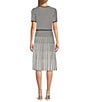 Color:Indigo/White - Image 2 - Soft Knit Grid Striped Print Short Sleeve Contrasting Trim A-Line Midi Dress