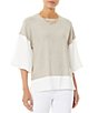 Color:Limestone/White - Image 1 - Soft Knit Mixed Media Crew Neck 3/4 Puffed Sleeve Tunic