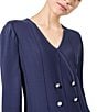 Color:Regatta - Image 4 - Soft Knit Pearl Button Detail V-Neck 3/4 Puff Sleeve A-Line Dress