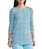 Ming Wang Soft Stripe Knit Square Neck 3/4 Sleeve Side Button Tunic - Image 1