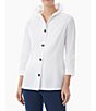Color:White/Black - Image 1 - Stretch Cotton Poplin Ruffle Stand Collar Button Front Top