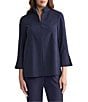 Ming Wang Stretch Deco Crepe Stand Collar Bracelet Sleeve Zip Front Blouse, Color:Indigo - Image 1