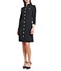 Ming Wang Stretch Deco Crepe Utility Stand Collar 3/4 Sleeve Button Front Dress, Color:Black - Image 1