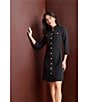 Ming Wang Stretch Deco Crepe Utility Stand Collar 3/4 Sleeve Button Front Dress, Color:Black - Image 5